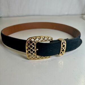 Vintage St. Michael Black Suede Belt w/Gold Lattice Buckle - Made in U.K. Size S